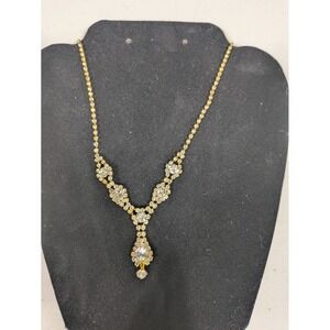 Vintage Gold Tone Rhinestone Y-Drop Necklace Clear Crystal Bridal Formal Jewelry